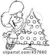 Poster, Art Print Of Black And White Outline Design Of A Happy Girl Decorating A Christmas Tree