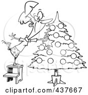 Poster, Art Print Of Black And White Outline Design Of A Happy Lady Decorating A Christmas Tree