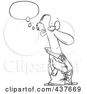 Royalty Free RF Clip Art Illustration Of A Black And White Outline Design Of A Businessman Thinking With His Hands In His Pockets by toonaday
