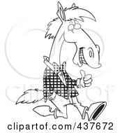Royalty Free RF Clip Art Illustration Of A Black And White Outline Design Of A Horse Walking Upright In Clothes And Holding A Thumb Up