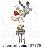 Cartoon Man Sitting On A Stool And Wearing A Thinking Cap