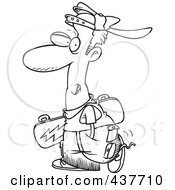 Royalty Free RF Clip Art Illustration Of A Black And White Outline Design Of A Teen Skater Boy Carrying A Skateboard