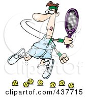 Cartoon Male Tennis Player Trying To Hit Balls