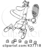 Black And White Outline Design Of A Male Tennis Player Trying To Hit Balls