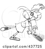 Royalty Free RF Clip Art Illustration Of A Black And White Outline Design Of A Woman Swinging Her Tennis Racket