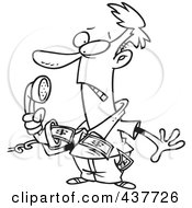 Royalty Free RF Clip Art Illustration Of A Black And White Outline Design Of An Annoyed Man Holding A Phone With Telemarket Money Flying Out by toonaday