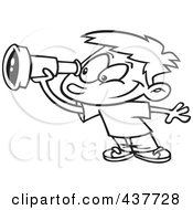Royalty Free RF Clip Art Illustration Of A Black And White Outline Design Of A Smiling Boy Using A Telescope by toonaday