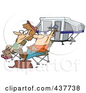 Cartoon Couple Relaxing At A Campsite Near Their Tent Trailer