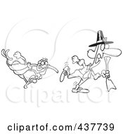 Poster, Art Print Of Black And White Outline Design Of A Mad Turkey Bird Chasing A Pilgrim