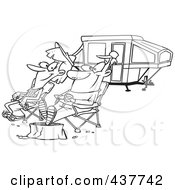 Poster, Art Print Of Black And White Outline Design Of A Couple Relaxing At A Campsite Near Their Tent Trailer