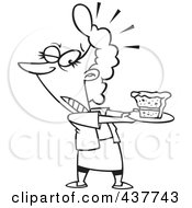 Black And White Outline Design Of A Tempted Woman Holding A Slice Of Cake On A Plate