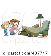 Cartoon Kids Setting Up A Camping Tent In A Living Room