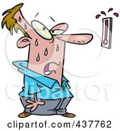 Cartoon Man Sweating And Staring At A Hot Thermometer
