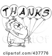 Royalty Free RF Clip Art Illustration Of A Black And White Outline Design Of A Grateful Boy Holding Thanks Balloons