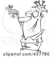 Royalty Free RF Clip Art Illustration Of A Black And White Outline Design Of A Man Hammering Nails In His Head