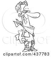 Royalty Free RF Clip Art Illustration Of A Black And White Outline Design Of A Thankful Cowboy Holding His Hat Behind His Back