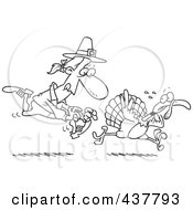 Poster, Art Print Of Black And White Outline Design Of A Pilgrim Chasing A Turkey Bird