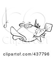 Poster, Art Print Of Black And White Outline Design Of A Tempted Fish Staring At A Hook