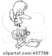 Royalty Free RF Clip Art Illustration Of A Black And White Outline Design Of A Woman Telemarketer Filing Her Nails At Her Desk by toonaday