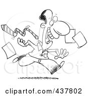 Poster, Art Print Of Black And White Outline Design Of A Happy Businessman Tripping Off His Tie And Dropping Papers At The End Of A Friday Work Day