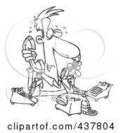 Royalty Free RF Clip Art Illustration Of A Black And White Outline Design Of A Male Telemarketer Handling Multiple Lines by toonaday