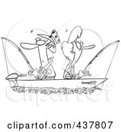 Royalty Free RF Clip Art Illustration Of A Black And White Outline Design Of A Couple Fishing Together In A Boat