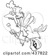 Royalty Free RF Clip Art Illustration Of A Black And White Outline Design Of A Tooth Fairy With A Wand And Bag Of Money