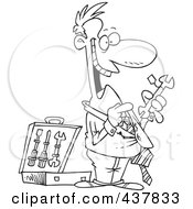 Royalty Free RF Clip Art Illustration Of A Black And White Outline Design Of A Salesman Trying To Sell Tools