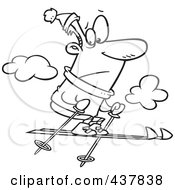Royalty Free RF Clip Art Illustration Of A Black And White Outline Design Of A Nervous Man Jumping Too High While Skiing