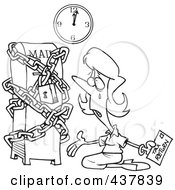 Royalty Free RF Clip Art Illustration Of A Black And White Outline Design Of A Woman Kneeling And Crying With Her Tax Return At A Locked Up Mail Box
