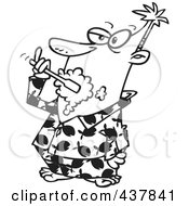 Royalty Free RF Clip Art Illustration Of A Black And White Outline Design Of A Man Brushing His Teeth In His Fish Pajamas