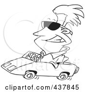 Royalty Free RF Clip Art Illustration Of A Black And White Outline Design Of A Cool Man Wearing Shades And Driving A Convertible by toonaday