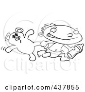 Royalty Free RF Clip Art Illustration Of A Black And White Outline Design Of A Toddler Boy Running With A Bottle And Teddy Bear