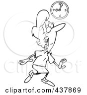 Royalty Free RF Clip Art Illustration Of A Black And White Outline Design Of A Sneaky Businesswoman Tip Toeing Late To Work