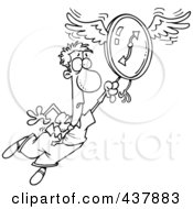 Poster, Art Print Of Black And White Outline Design Of A Man Flying Away With A Clock