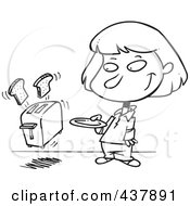 Black And White Outline Design Of A Girl Holding A Plate For Her Toast Popping Out Of A Toaster