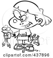 Black And White Outline Design Of A Tomboy Girl Holding A Frog