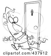 Royalty Free RF Clip Art Illustration Of A Black And White Outline Design Of A Businessman Leaving A Bathroom With Tissue Stuck To His Pants by toonaday