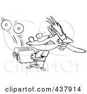 Royalty Free RF Clip Art Illustration Of A Black And White Outline Design Of A Boy Shooting Cds Out Of A Toaster