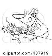 Royalty Free RF Clip Art Illustration Of A Black And White Outline Design Of A Man Tinkering With An Electronic Device
