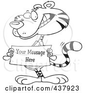 Royalty Free RF Clip Art Illustration Of A Black And White Outline Design Of A Tiger Holding A Sign With Sample Text by toonaday