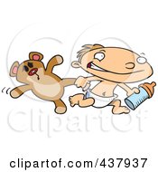 Poster, Art Print Of Toddler Boy Running With A Bottle And Teddy Bear