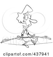 Royalty Free RF Clip Art Illustration Of A Black And White Outline Design Of A Businesswoman Trying To Maintain Balance On A Tight Rope by toonaday
