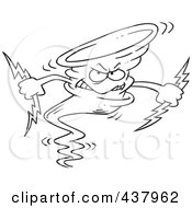 Royalty Free RF Clip Art Illustration Of A Black And White Outline Design Of A Tornado Holding Lightning Bolts by toonaday