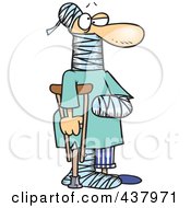 Cartoon Man Using A Crutch For Traction