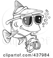 Poster, Art Print Of Cartoon Black And White Outline Design Of A Fish Tourist Swimming With A Camera