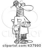 Royalty Free RF Clip Art Illustration Of A Cartoon Black And White Outline Design Of A Man Using A Crutch For Traction