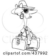 Poster, Art Print Of Cartoon Black And White Outline Design Of A Female Tourist Carrying Luggage