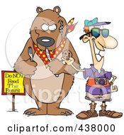 Poster, Art Print Of Cartoon Male Tourist Feeding A Cookie To A Bear For A Photo Op