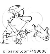 Royalty Free RF Clip Art Illustration Of A Cartoon Black And White Outline Design Of A Sad Businessman Throwing In The Towel by toonaday